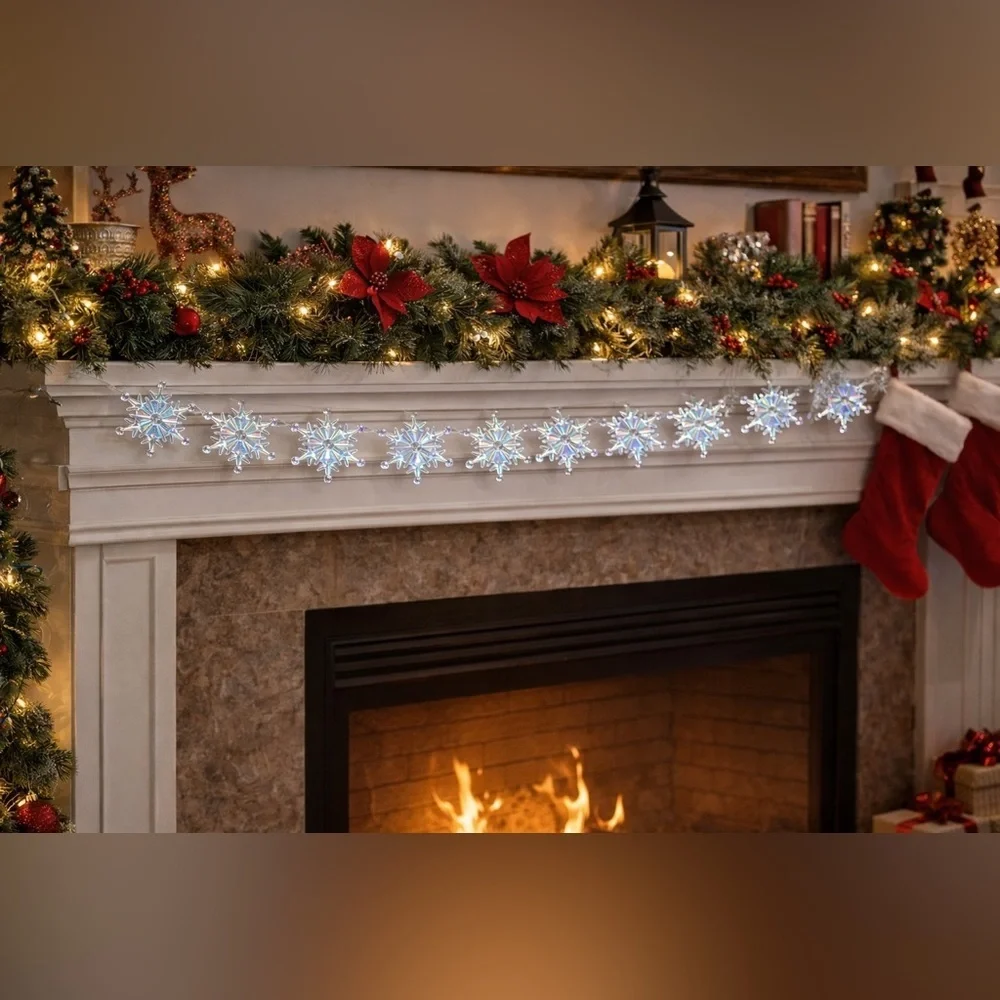 NWT Ashland Christmas Xmas iridescent snowflake garland 2 sets 6 feet each
